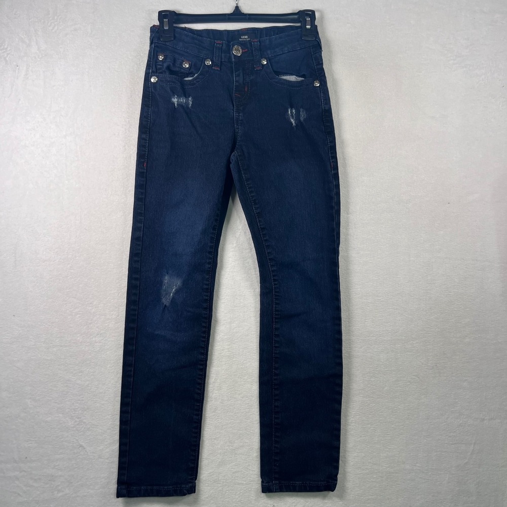 True Religion Geno Relaxed Slim Youth Jeans Dark Wash Red Stitch Size 12